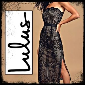 LULU'S | Black Crochet Lace Strapless Midi Scalloped Trim Dress Size: Small
